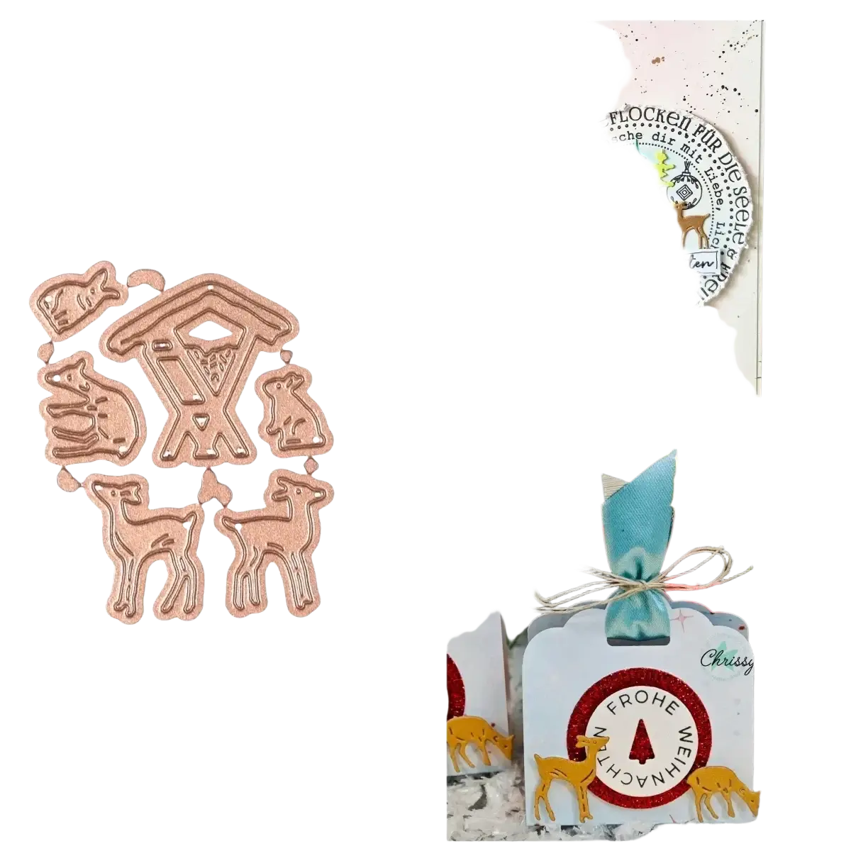 Rose gold metal christmas die set featuring deer reindeer and birdhouse for winter animal scrapbooking crafts
