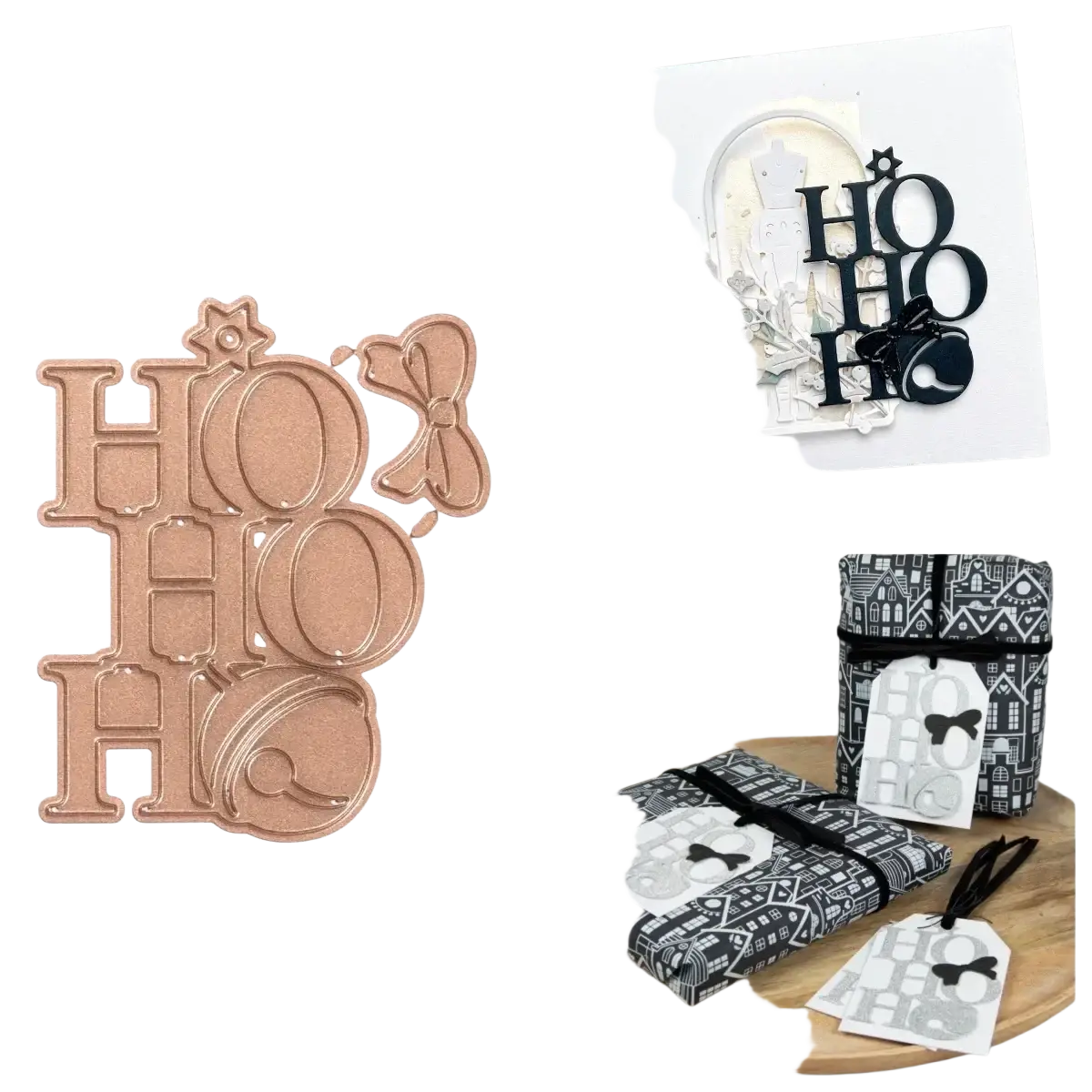 Rose gold metallic metal cutting dies featuring ho ho ho letters with bows and stars for winter animal scrapbooking