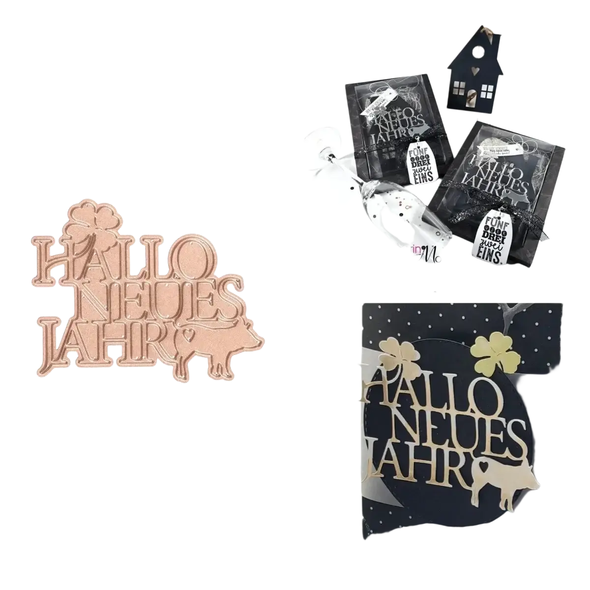 Winter animal metal cutting dies rose gold metallic die cut stamp with hallo neues jahr german phrase pig and shamrock design