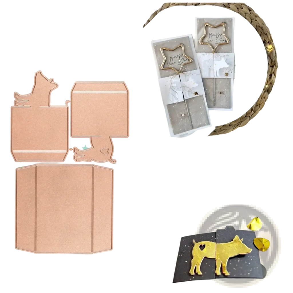 Rose gold metal die-cutting kit featuring dog and box designs for winter animal scrapbooking projects