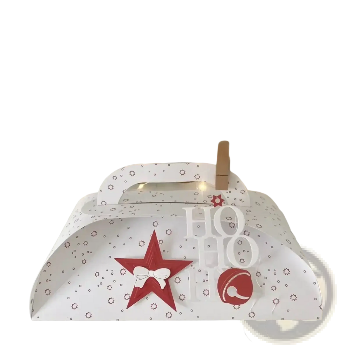 White paper christmas gift box with red star and ho ho cutout design from winter animal metal cutting dies for scrapbooking