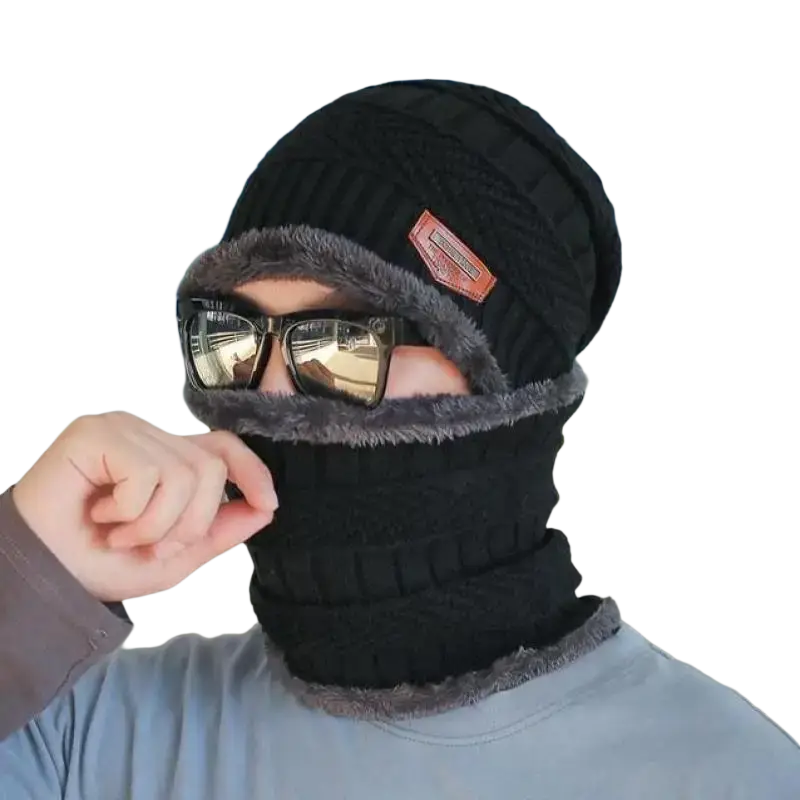 Black knitted winter beanie hat and neck warmer set with gray fleece lining available on official website