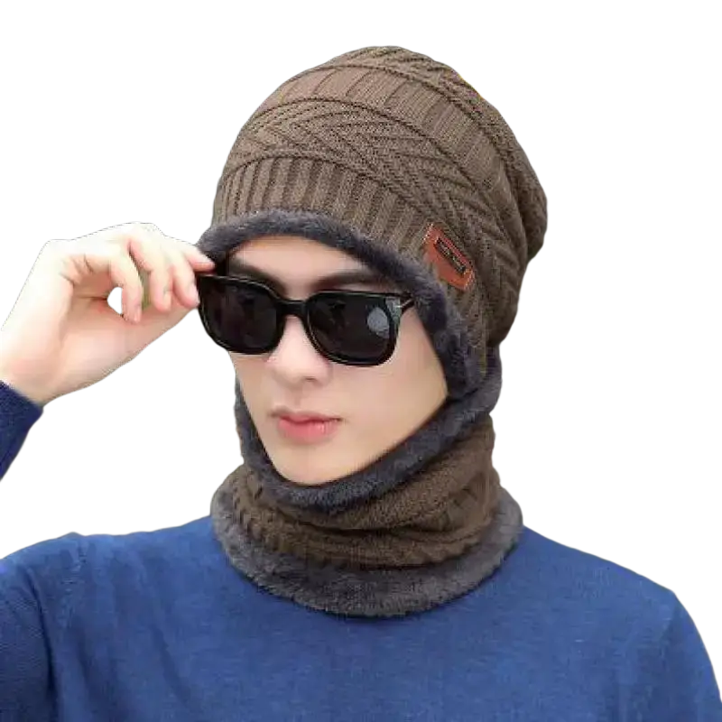 Brown knitted winter beanie hat with fleece-lined collar and ear flaps featured on official website