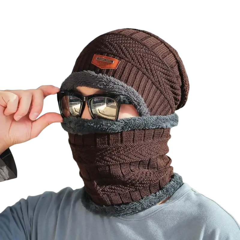 Brown knitted winter beanie and scarf set with fuzzy gray lining featured on the official website
