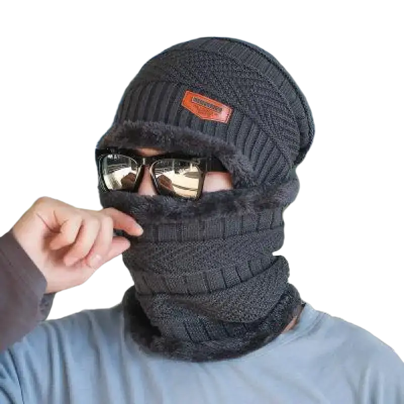 Dark gray knitted winter beanie and scarf set with fuzzy inner lining available on the official website