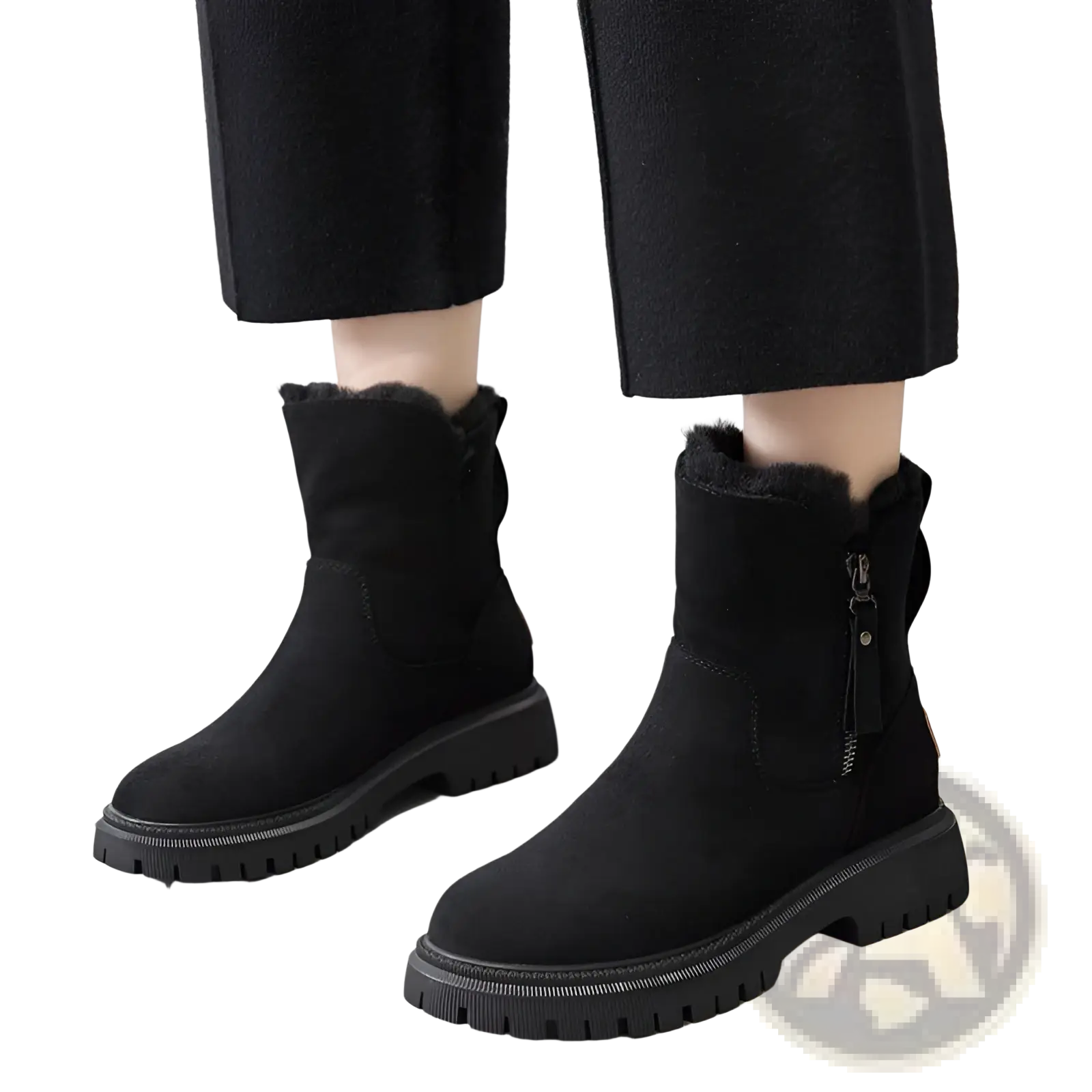 Black suede ankle winter boots for women with plush fur lining and chunky rubber sole for cold weather use