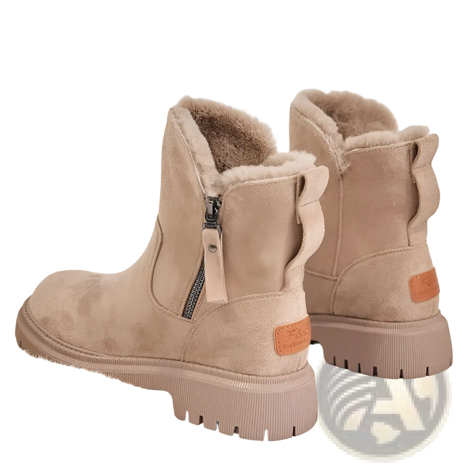 Winter boots women’s beige suede ankle boots with plush shearling lining and chunky rubber sole