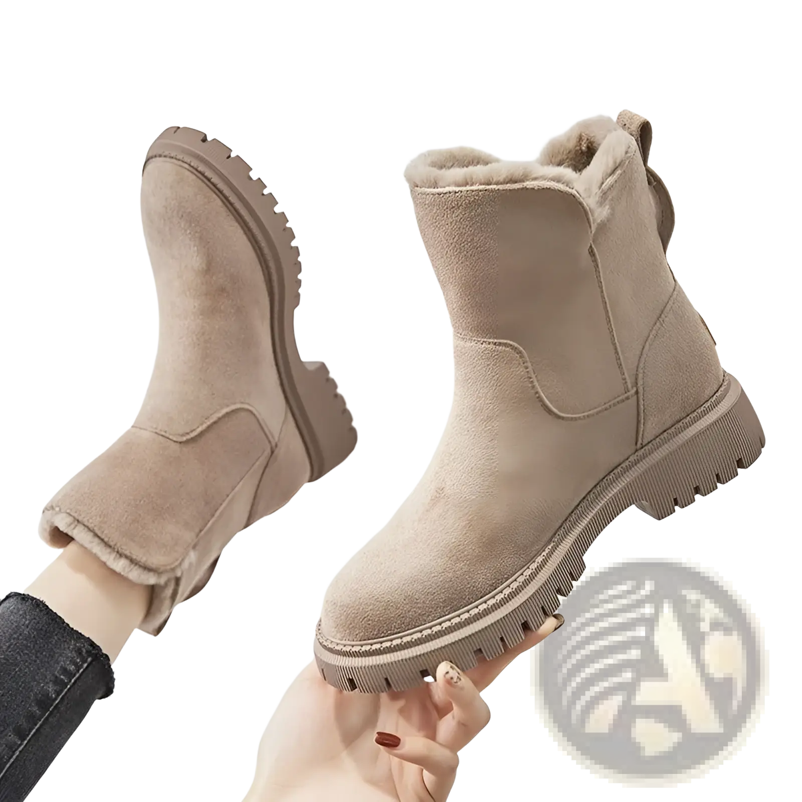 Winter boots women’s beige suede ankle boots with plush shearling lining and chunky rubber sole for cold weather use