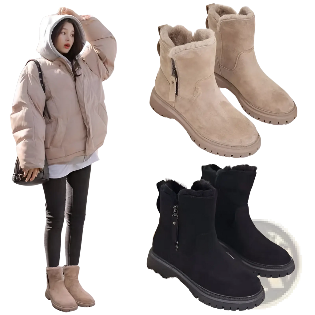 Winter boots women’s beige suede shearling ankle boots with plush fur lining and black side zippers