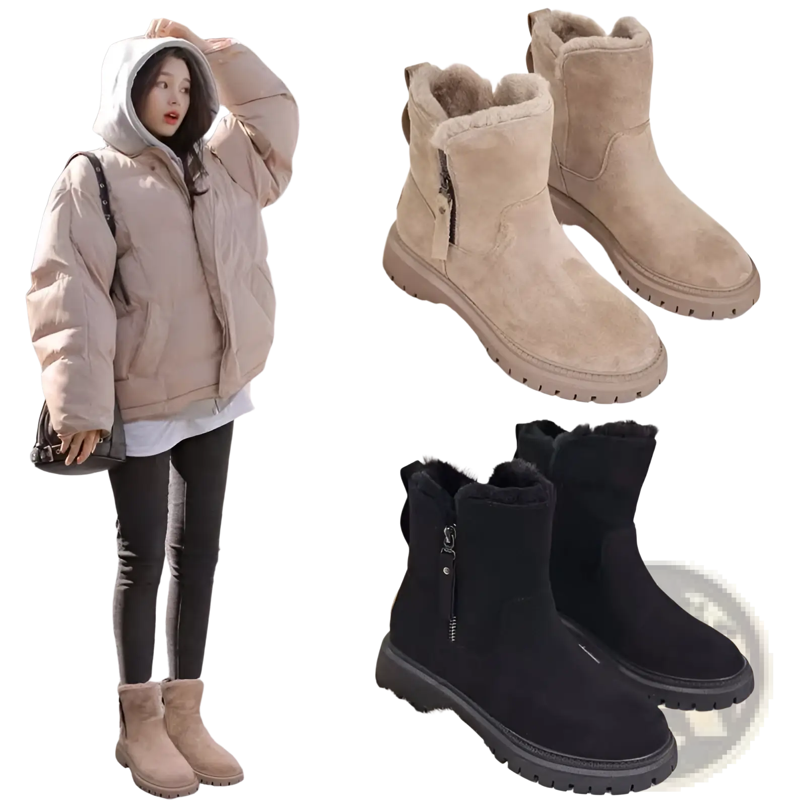Winter boots women’s beige suede shearling ankle boots with plush fur lining and black side zippers