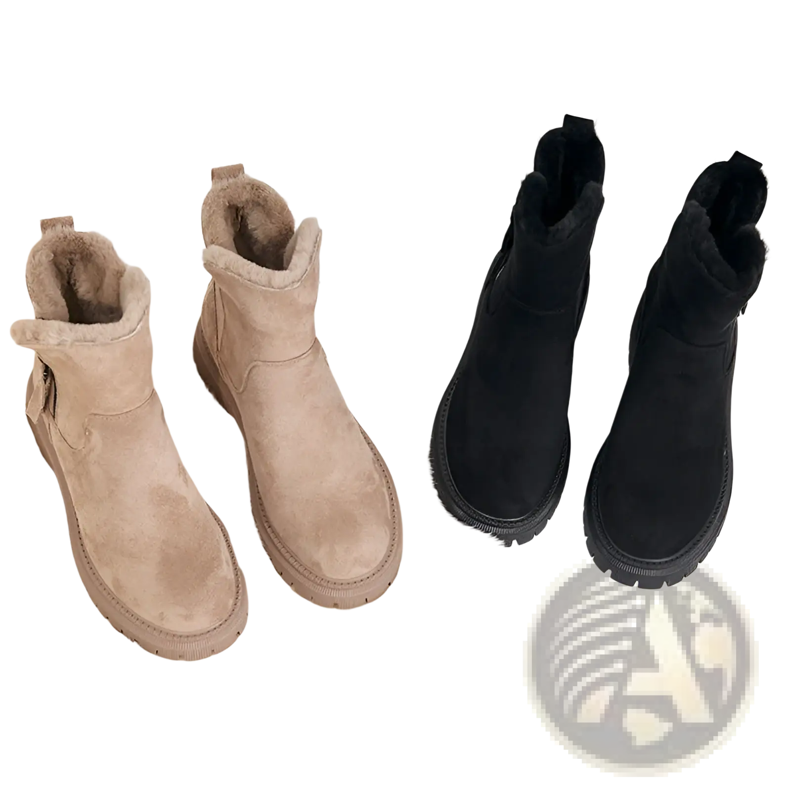 Beige and black suede winter boots for women with plush shearling lining and chunky soles for cold weather