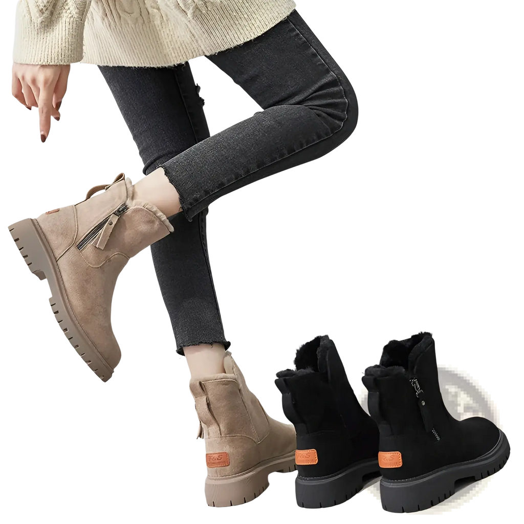 Tan suede ankle winter boots for women with black faux fur lining and orange brand tags for cold weather use