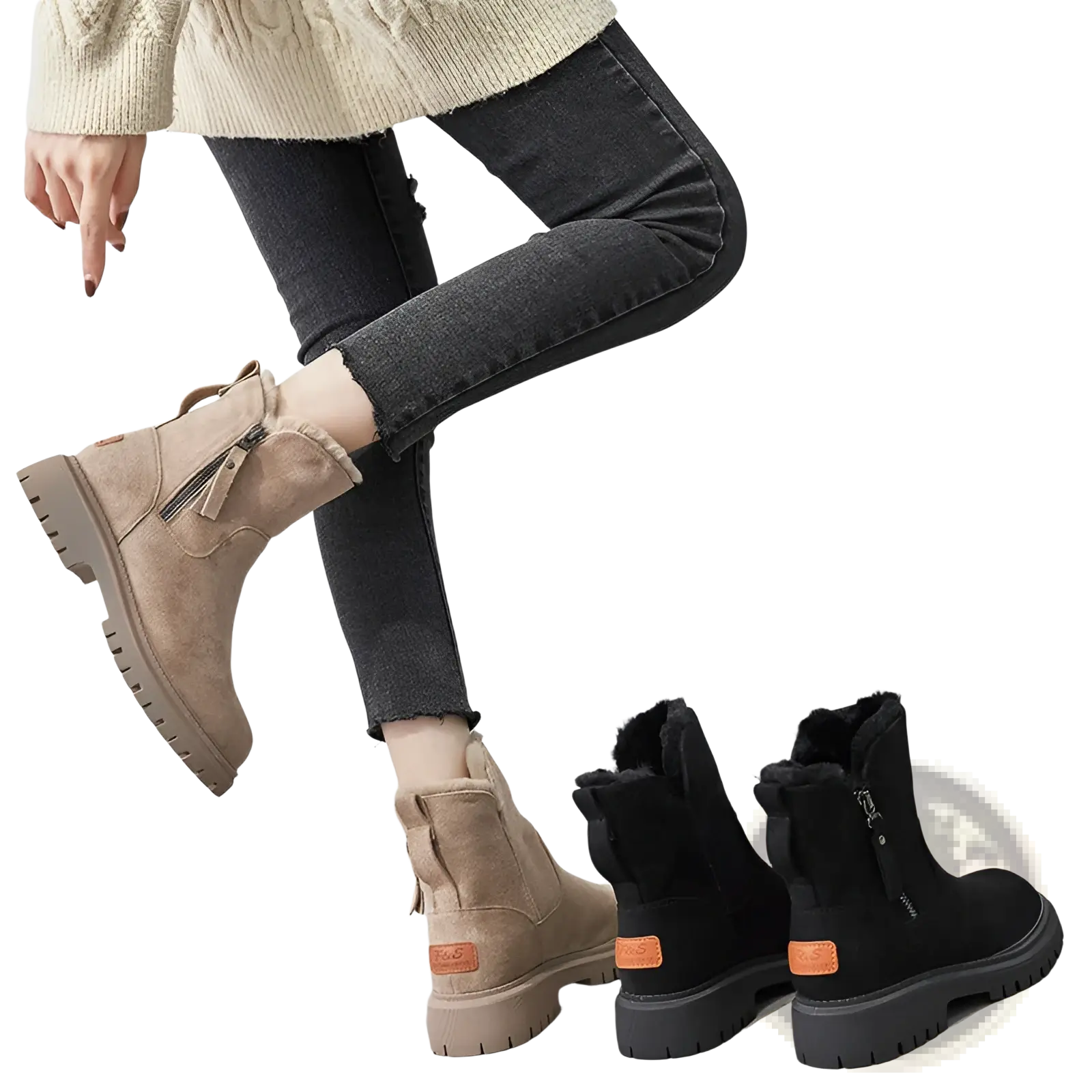 Tan suede ankle winter boots for women with black faux fur lining and orange brand tags for cold weather use
