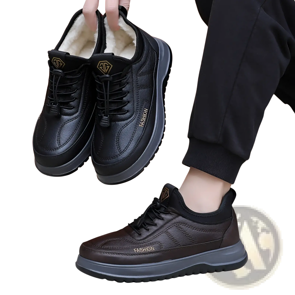 Winter fleece lined leather sneakers for men in black and brown with plush lining thick rubber sole and gold tone branding