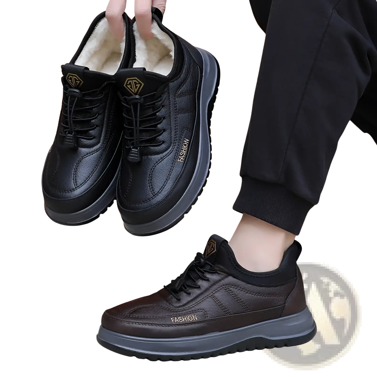 Winter fleece lined leather sneakers for men in black and brown with plush lining thick rubber sole and gold tone branding
