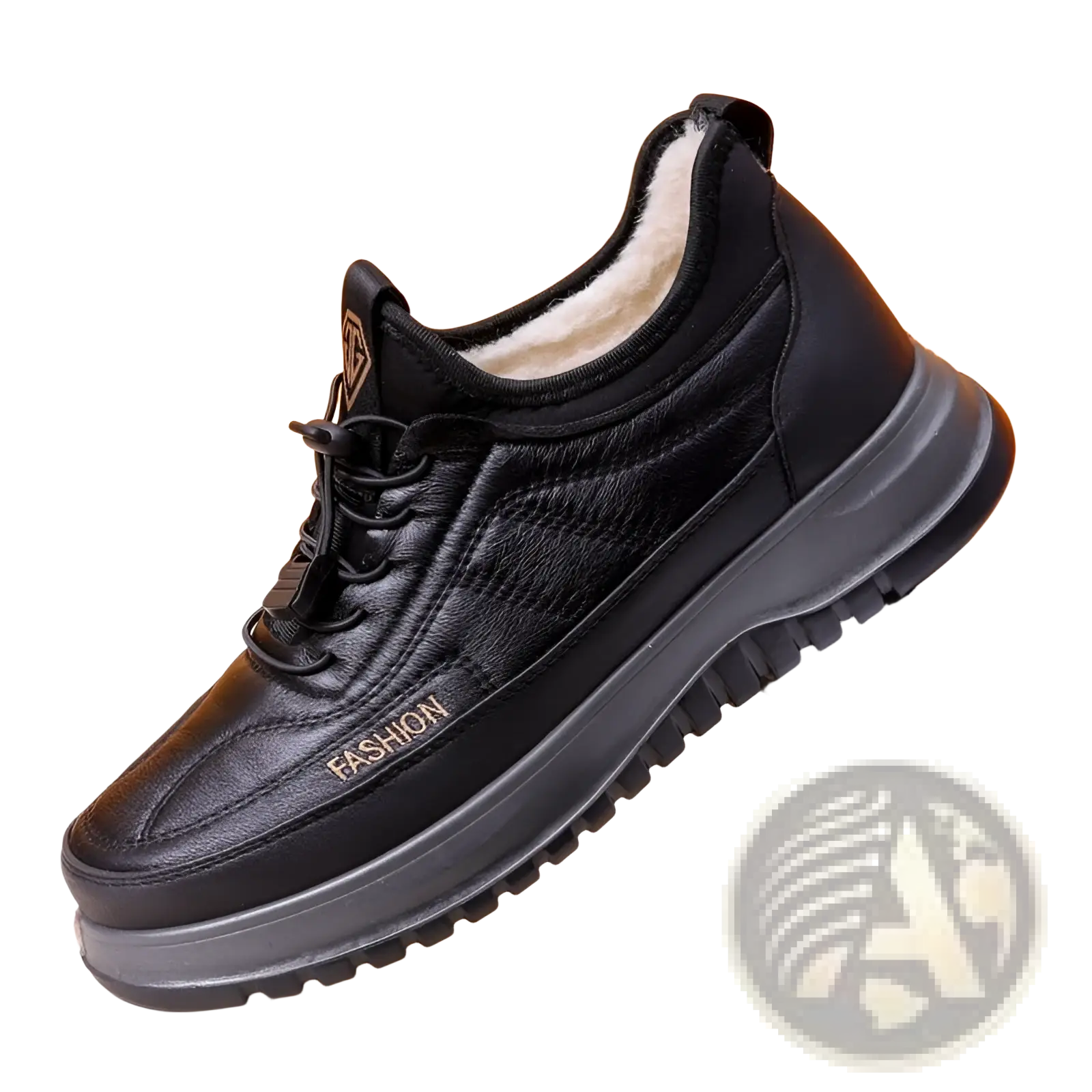Black leather winter fleece lined sneaker for men with plush wool lining and textured upper featuring fashion branding