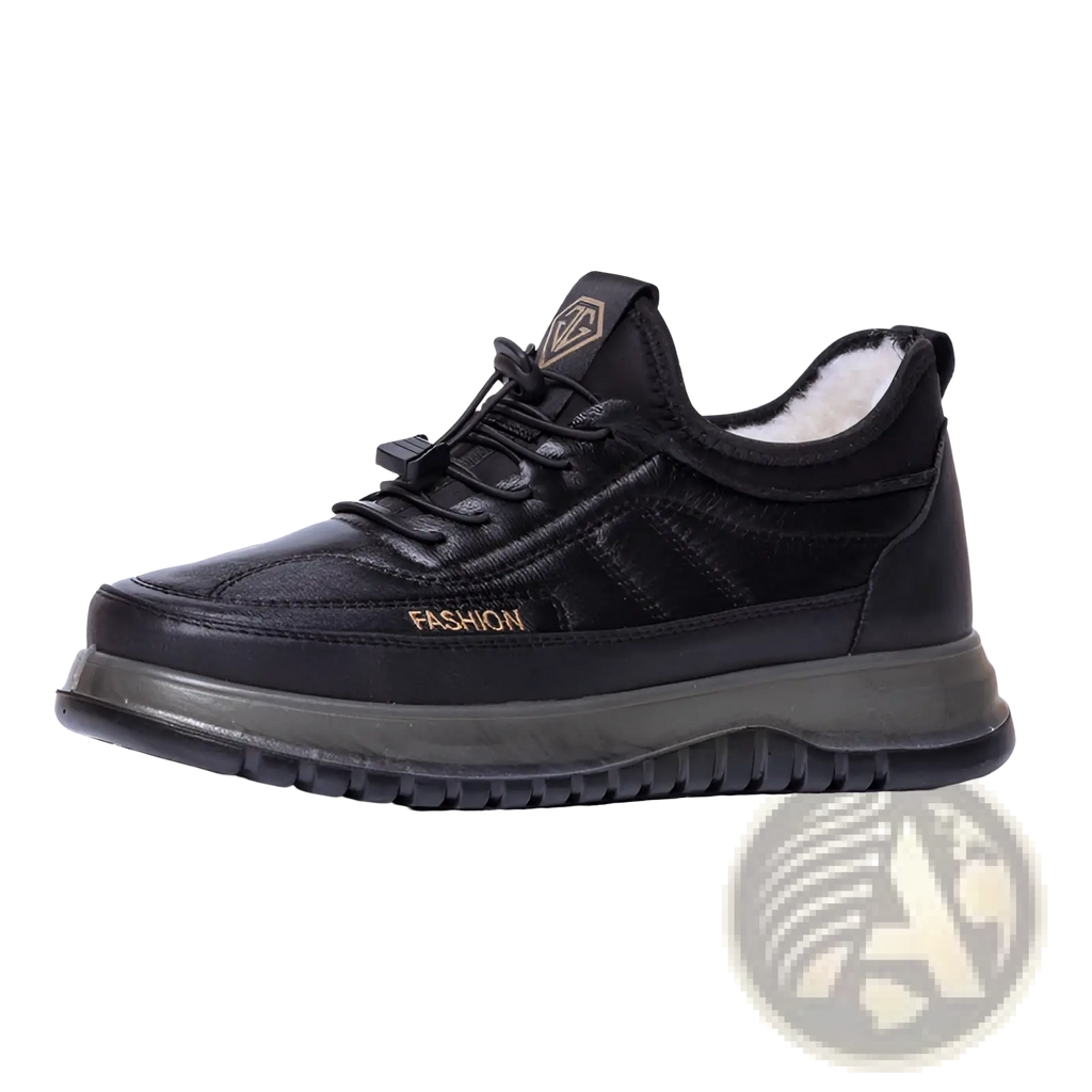 Black leather winter fleece lined sneaker for men with plush white lining and gold fashion branding on the side