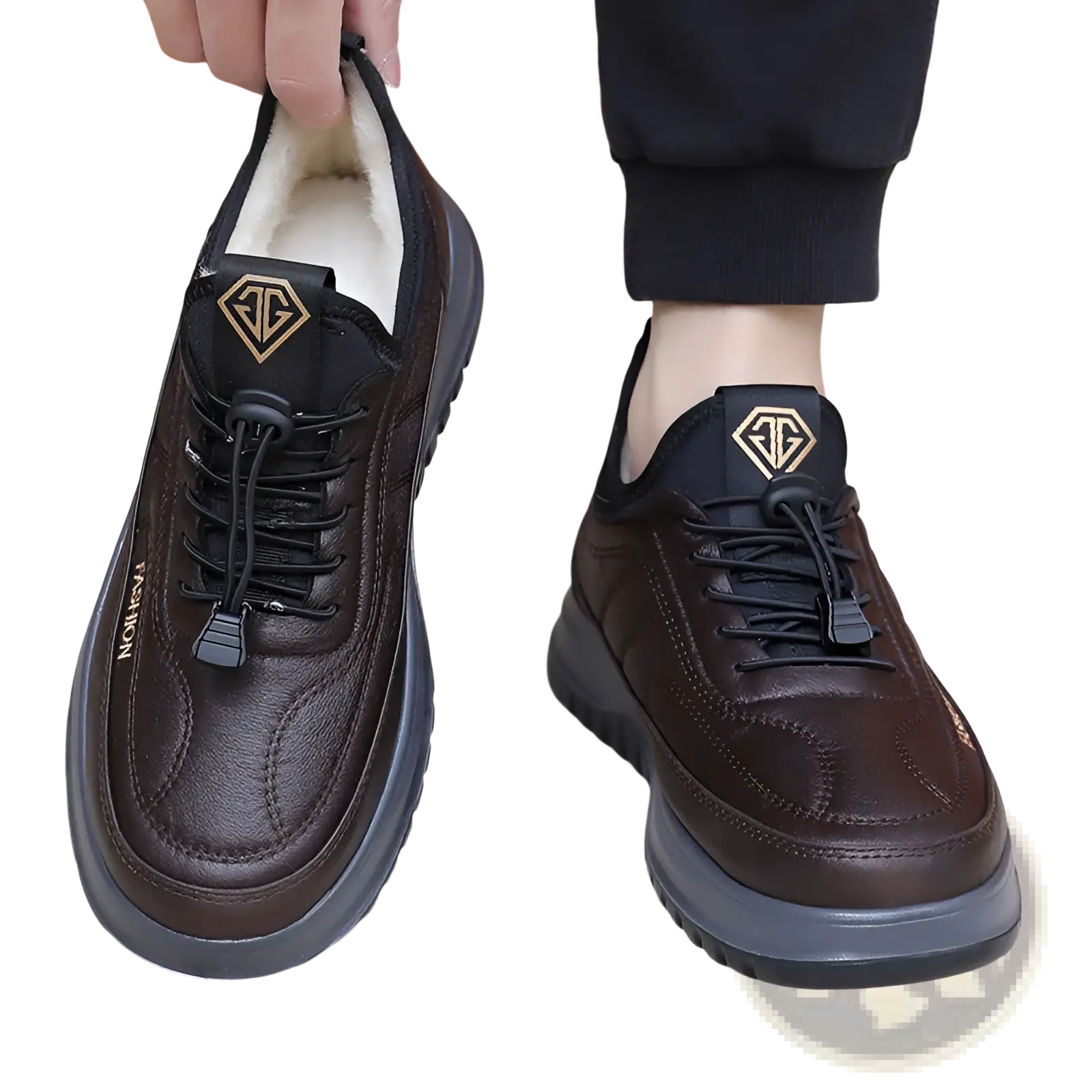 Winter fleece lined leather sneakers for men in brown with black laces thick gray sole and gold logo accents on the tongue