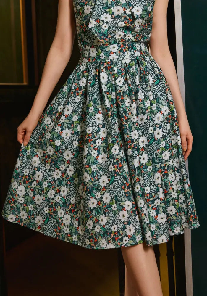 Green floral print retro cotton midi skirt with white blossoms and pockets winter floral doris a-line dress