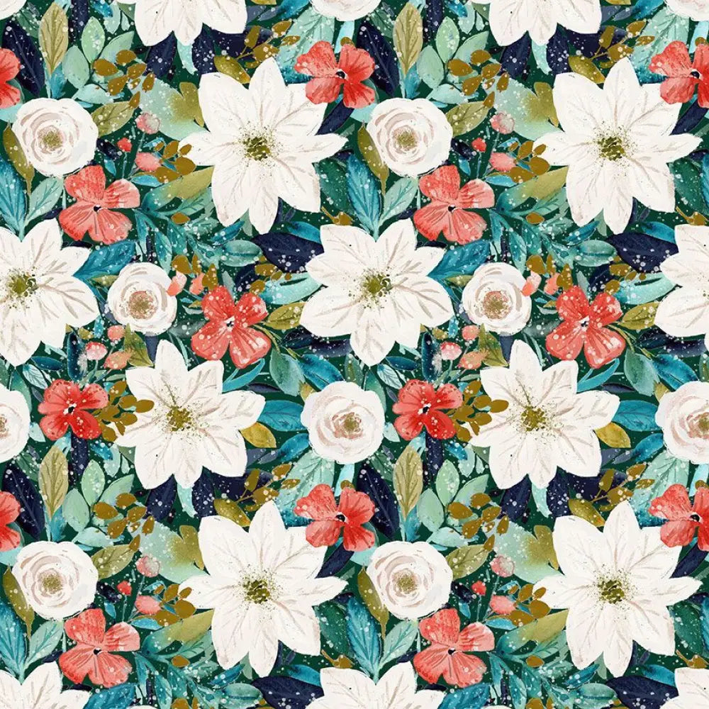 Winter floral 1950s cotton sleeveless midi dress with pockets featuring white and coral blossoms on teal fabric