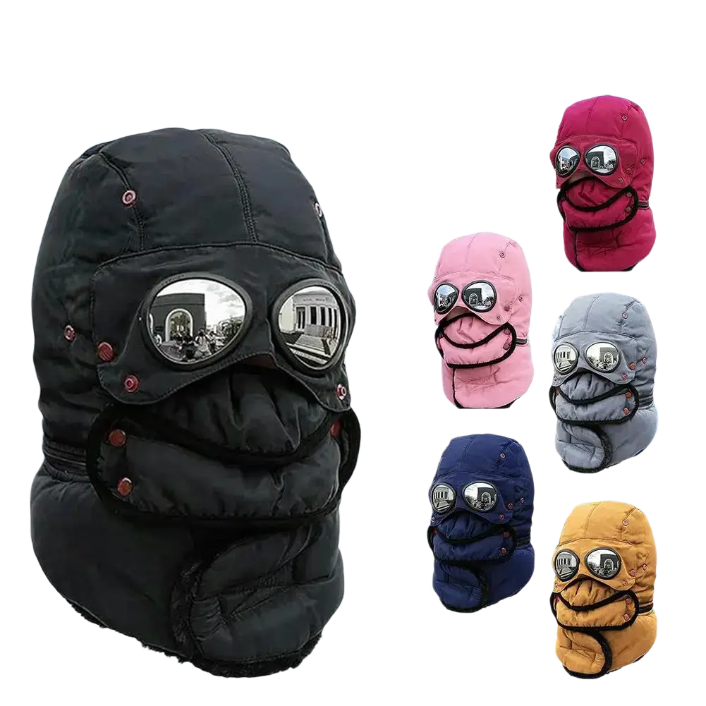 Black quilted winter hat with face mask features reflective goggles and red snap buttons in trapper style design