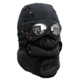 Black quilted trapper hat winter hat with face mask and reflective aviator-style goggles with red snap buttons