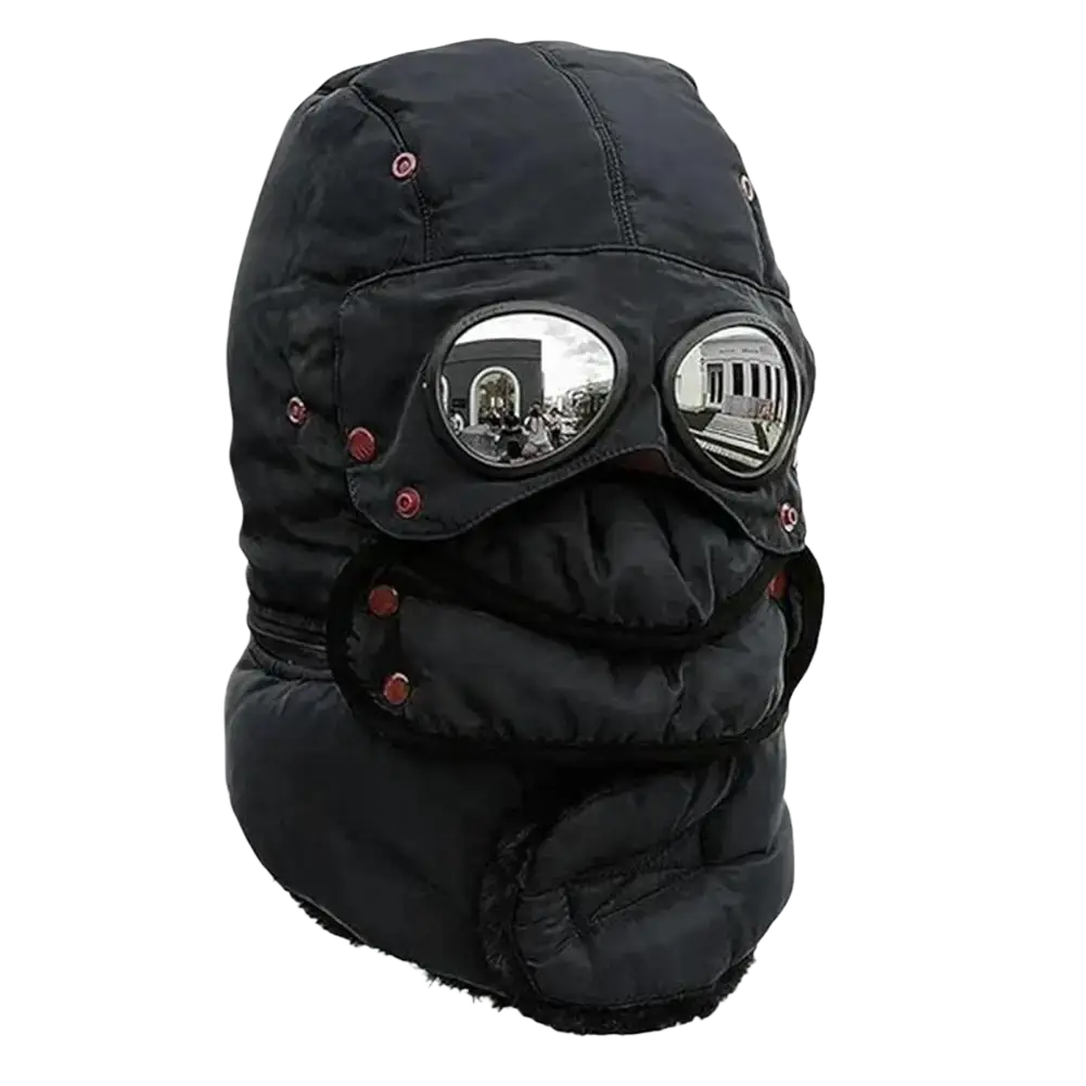 Black quilted trapper hat winter hat with face mask and reflective aviator-style goggles with red snap buttons
