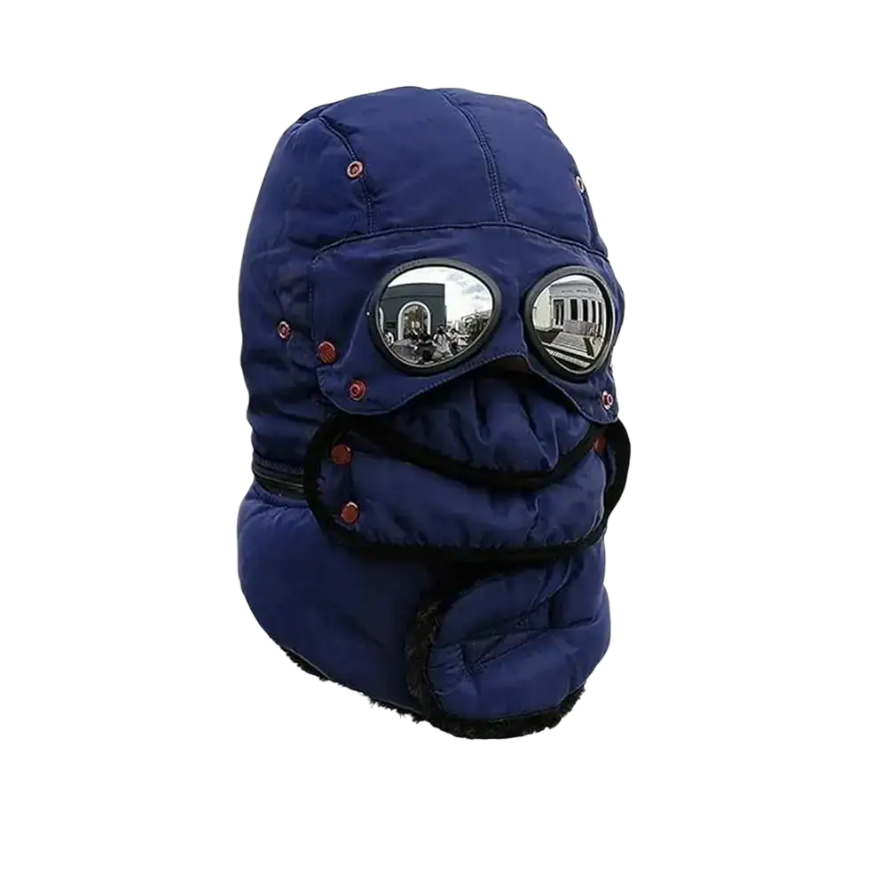 Blue quilted trapper hat winter hat with face mask and reflective goggles featuring black trim for cold weather use