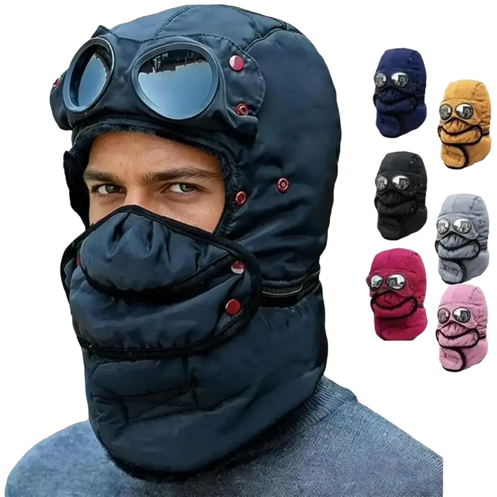 Dark blue quilted trapper hat winter hat with integrated face mask and goggles featuring red snap buttons