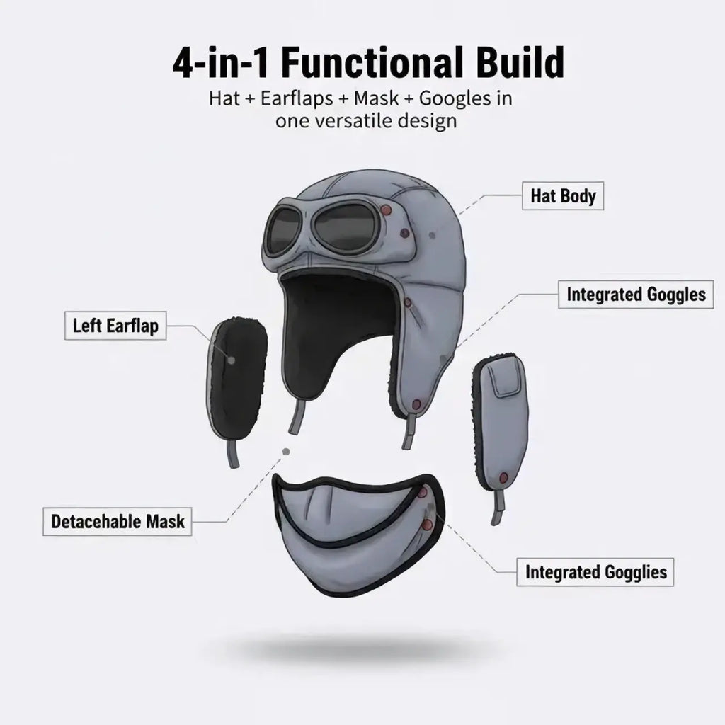 Gray trapper hat with integrated goggles earflaps and detachable face mask for winter hat protection
