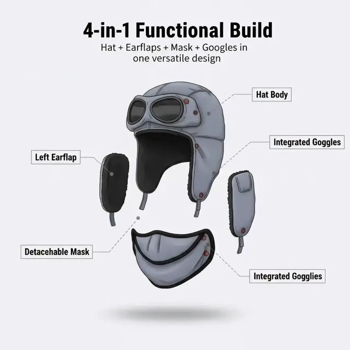 Gray trapper hat with integrated goggles earflaps and detachable face mask for winter hat protection