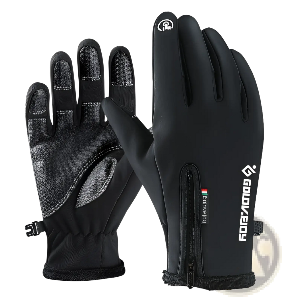 Black winter motorcycle gloves with thermal lining reinforced fingertips zipper and goldenjoy logo for touchscreen use