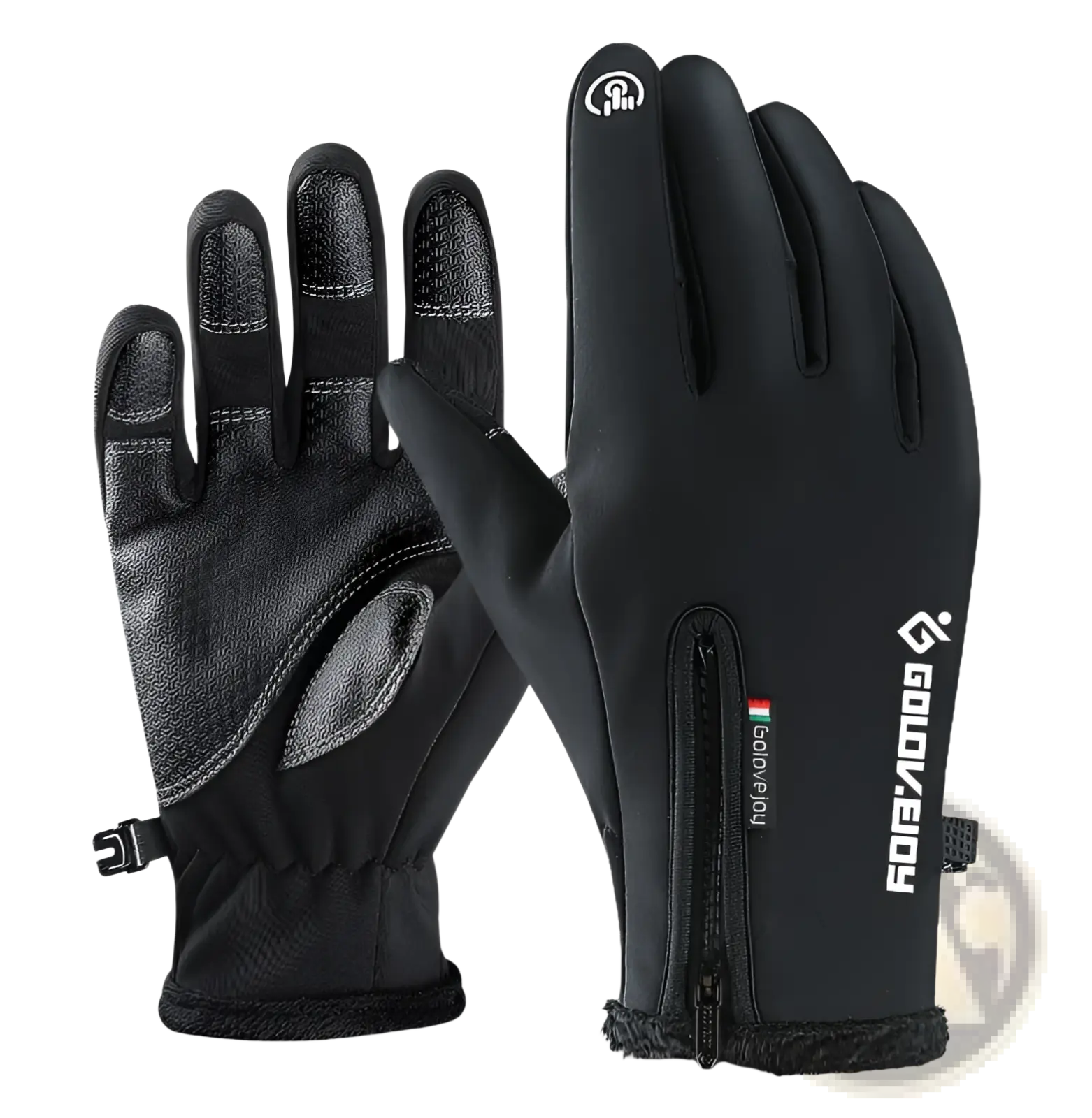 Black winter motorcycle gloves with thermal lining reinforced fingertips zipper and goldenjoy logo for touchscreen use