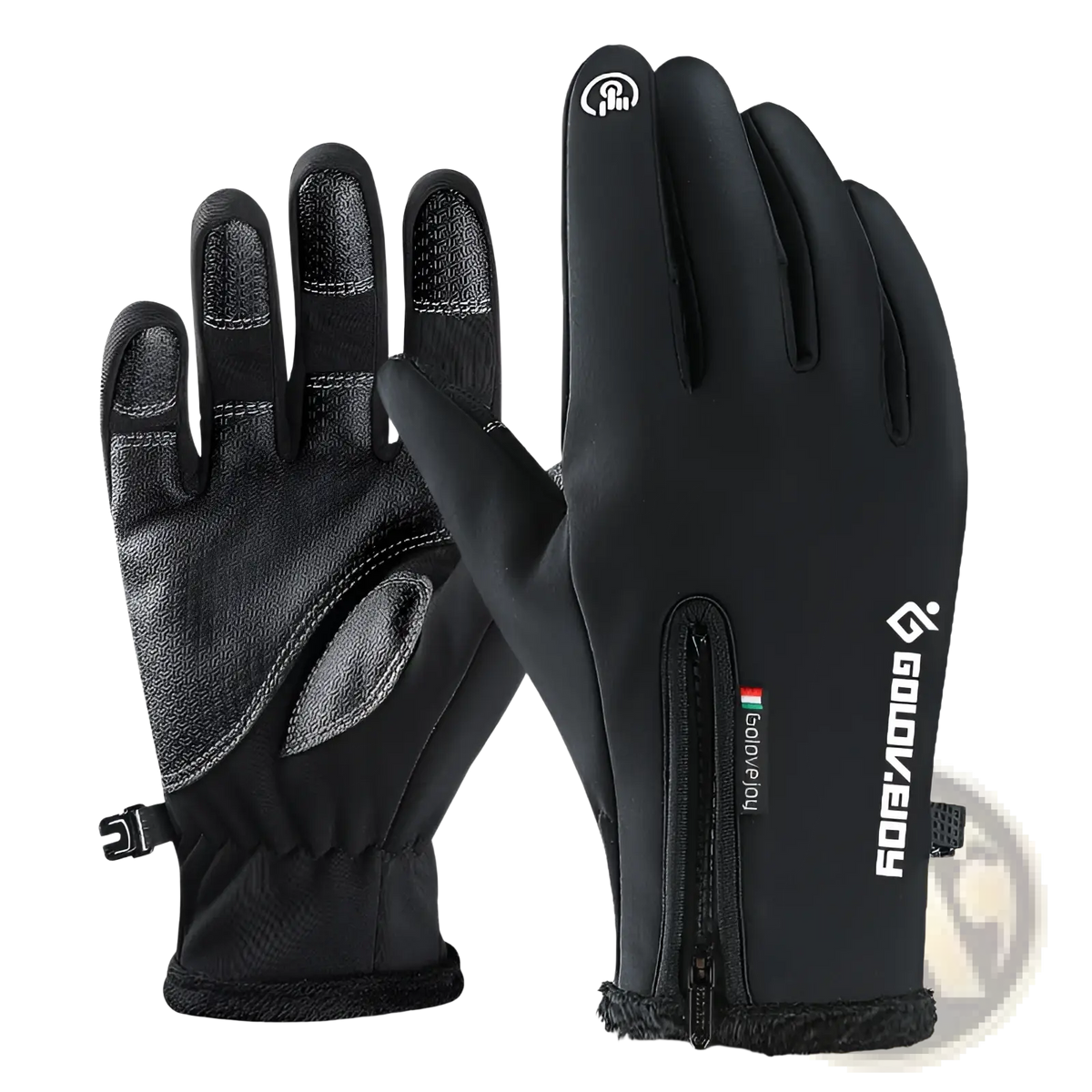 Black winter motorcycle gloves with thermal fleece lining touchscreen tips and a zippered wrist pocket shown from the back