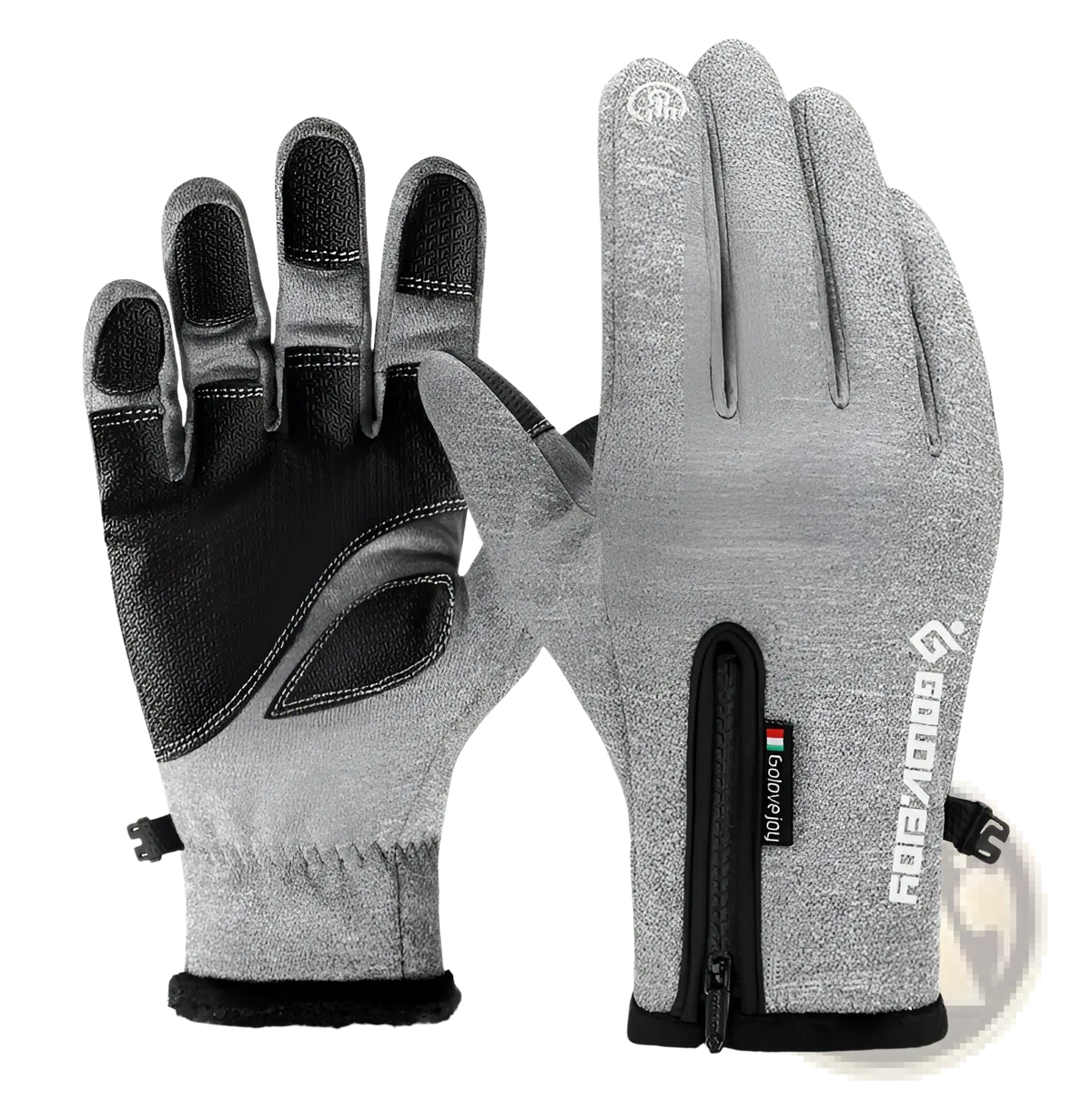 Gray and black winter motorcycle gloves with thermal touchscreen fingertips fleece-lined cuffs and reinforced palm grips