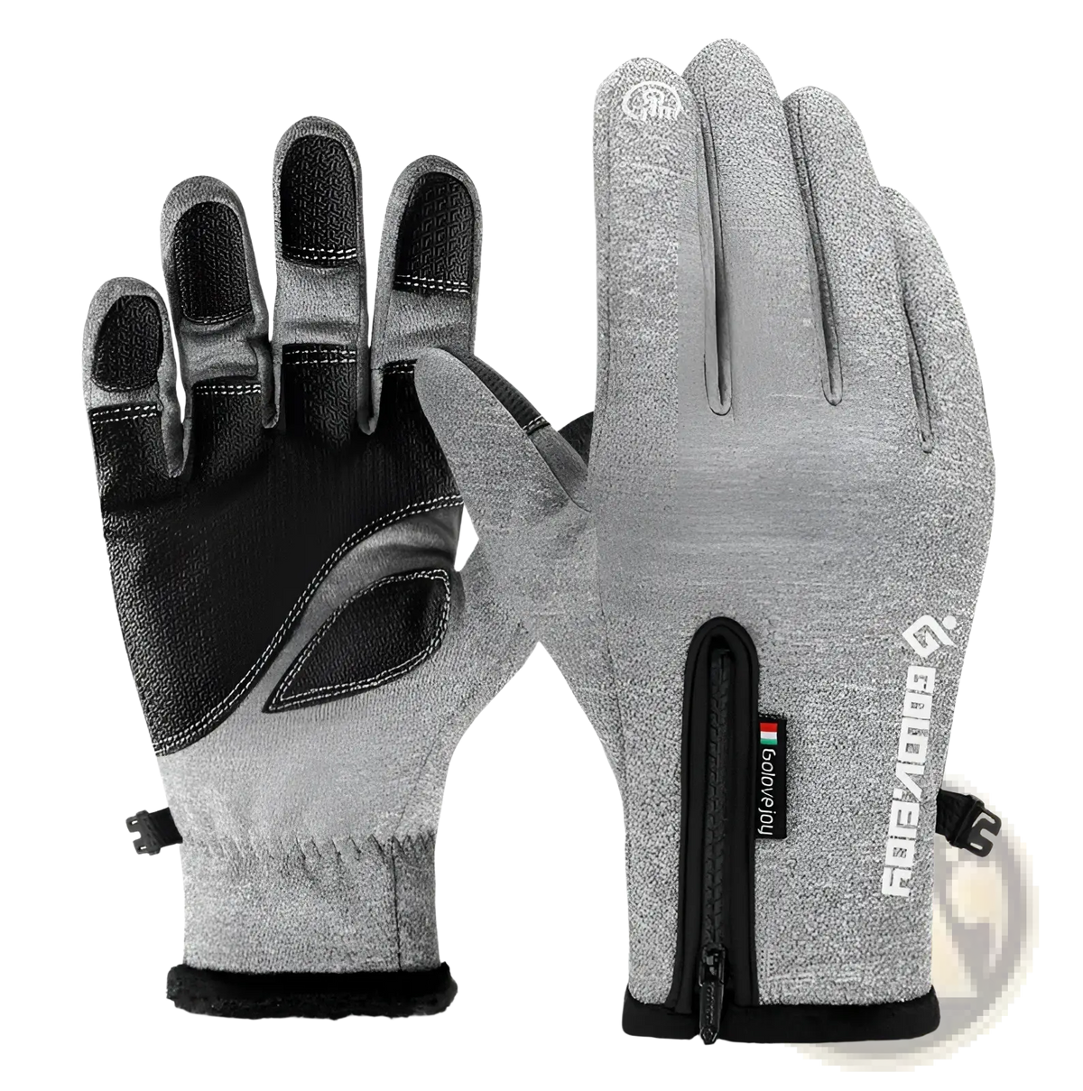 Gray and black winter motorcycle gloves with thermal touchscreen feature fleece-lined cuffs and reinforced grip palms