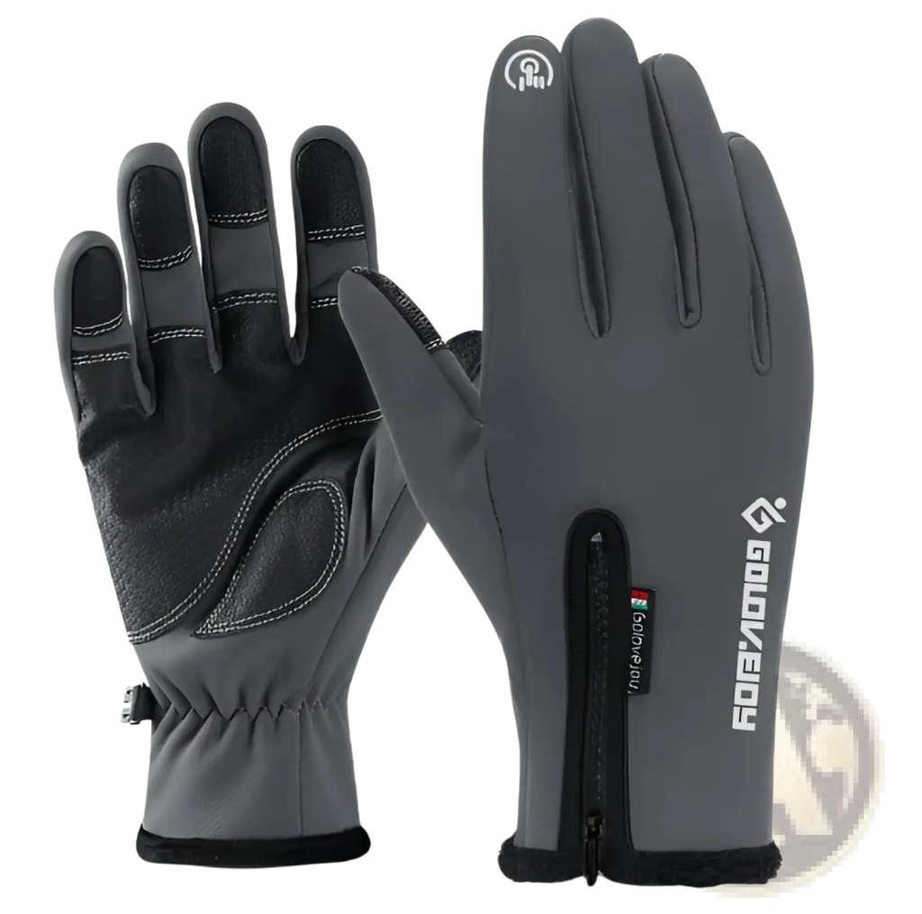 Gray and black winter motorcycle gloves with thermal touchscreen compatibility and reinforced palm patches shown from the back