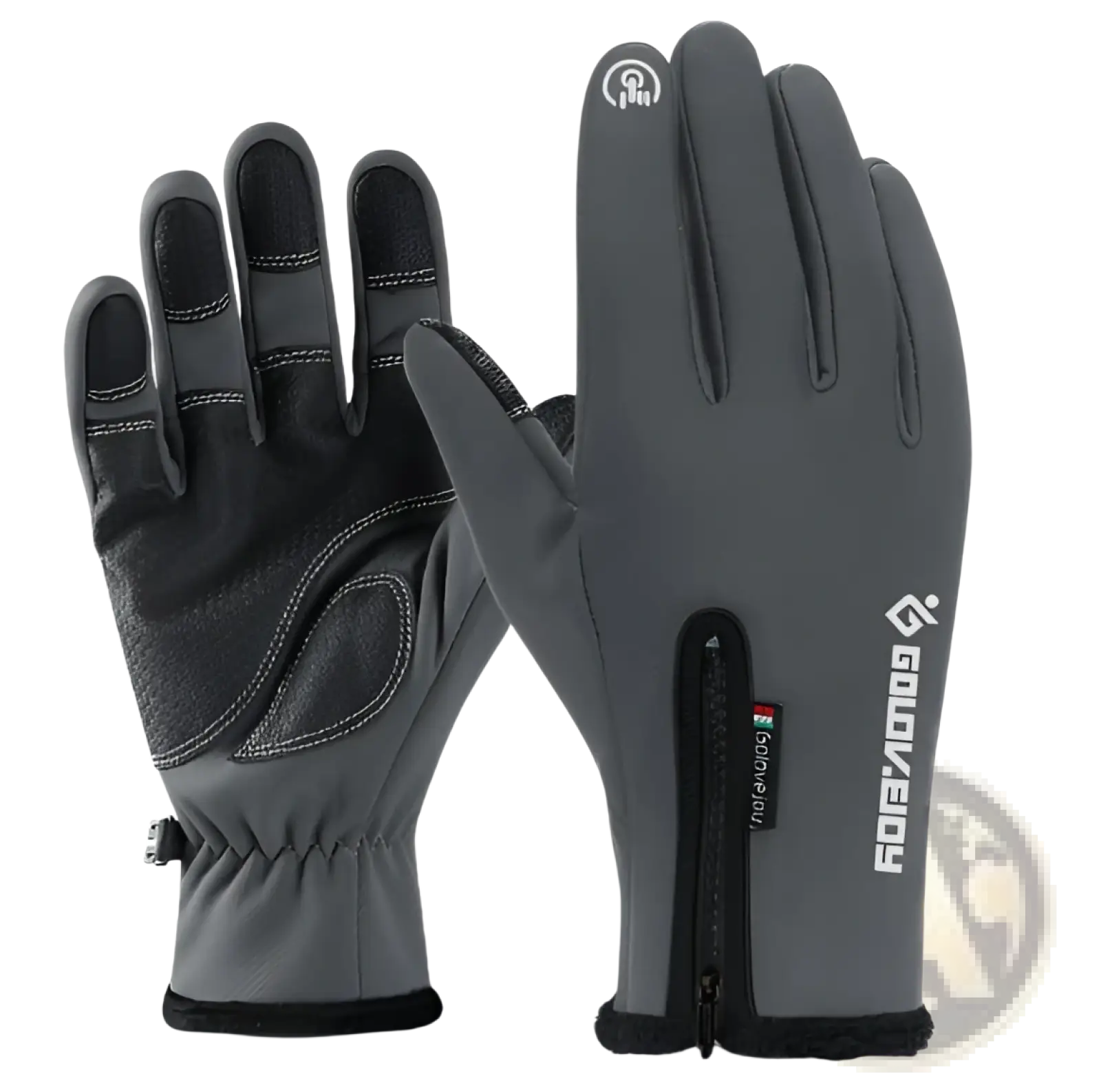 Gray and black winter motorcycle gloves with thermal touchscreen compatibility and reinforced palm patches shown from the back