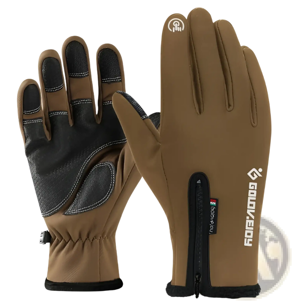 Brown and black winter motorcycle gloves with touchscreen compatibility reinforced palms zippered wrist pocket and gowa fio logo