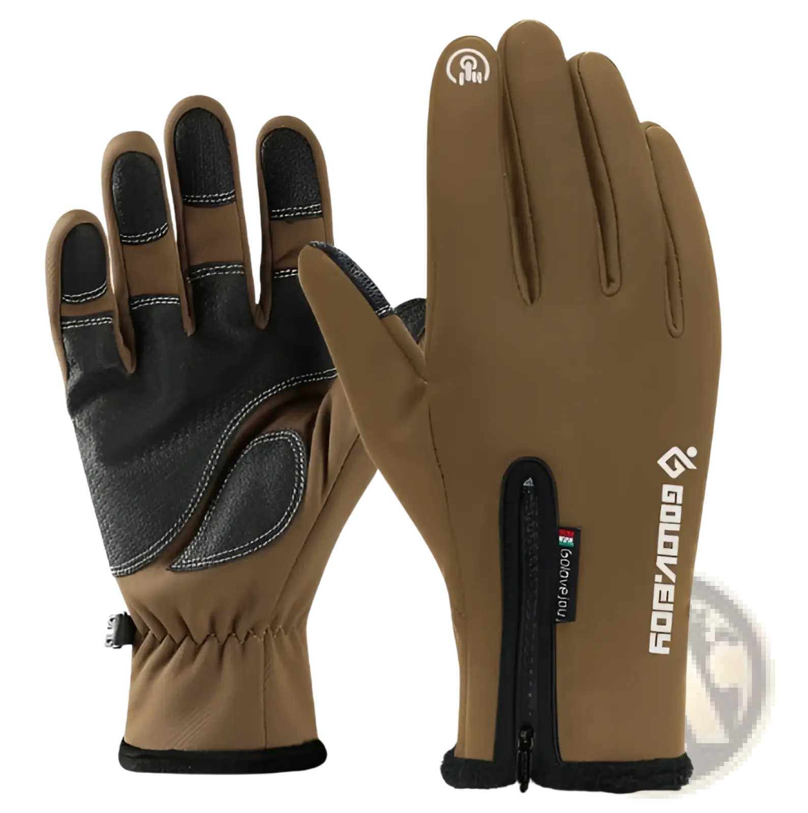 Brown and black winter motorcycle gloves with touchscreen compatibility reinforced palms zippered wrist pocket and gowa fio logo