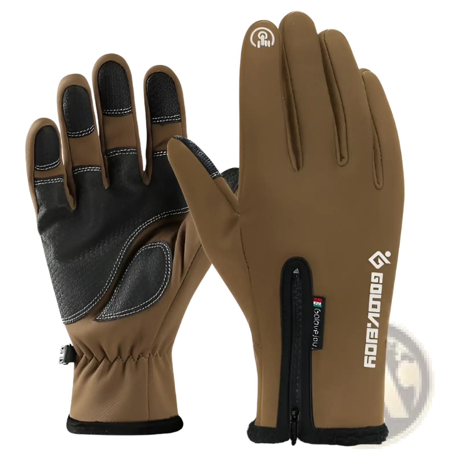 Brown and black thermal motorcycle gloves with touchscreen compatibility and zippered wrist pocket showing the back side