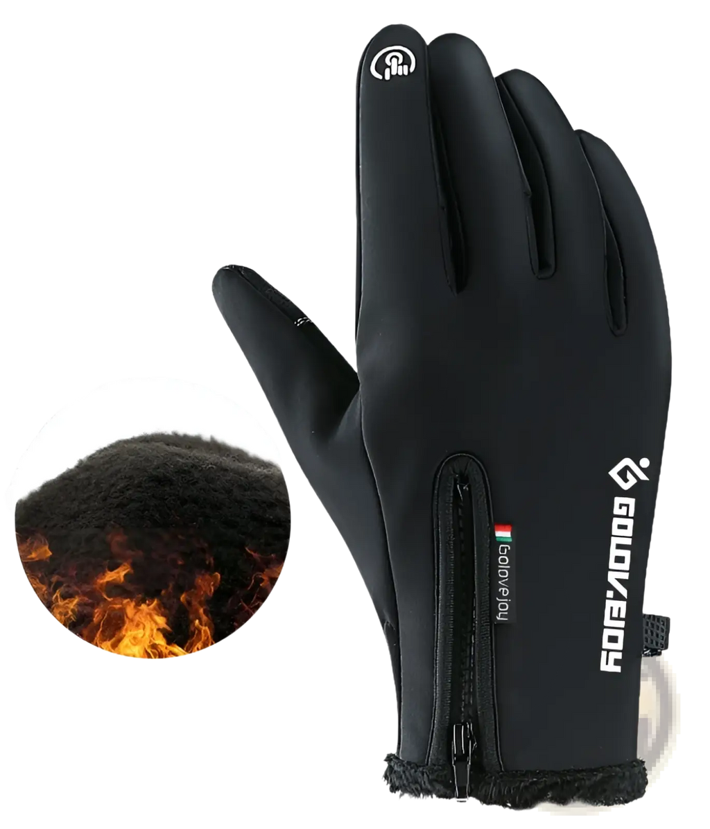 Black winter motorcycle gloves with thermal fleece lining and goweboy brand name on the back touchscreen compatible