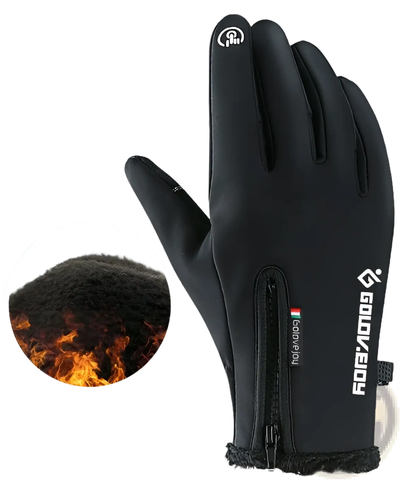 Black winter motorcycle gloves with thermal fleece lining and goweboy brand name on the back touchscreen compatible
