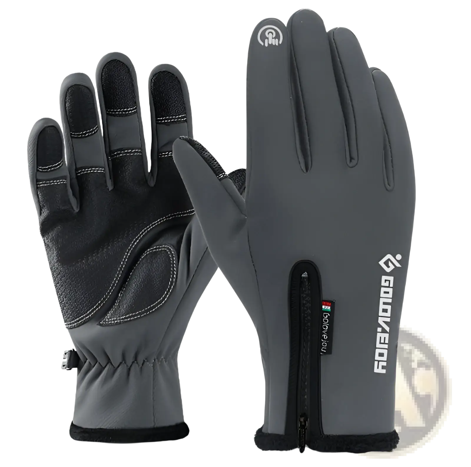 Gray and black winter motorcycle gloves with thermal touchscreen capability water-resistant soft material and reinforced fingertips