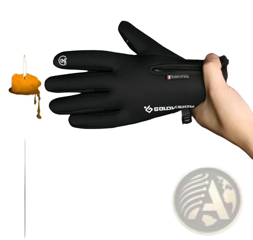 Back side of black thermal winter motorcycle glove with reinforced fingertips zippered wrist and golovejoy logo in white