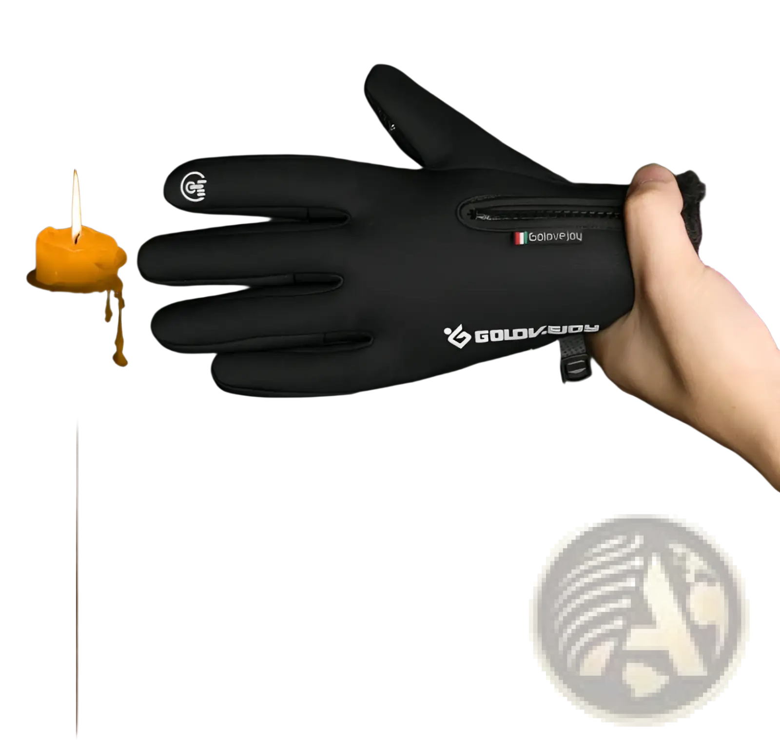 Back side of black thermal winter motorcycle glove with reinforced fingertips zippered wrist and golovejoy logo in white
