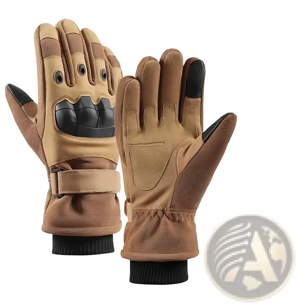 Tan winter motorcycle gloves with black reinforced palm and fingertips fleece lined cuffs thermal windproof riding gear