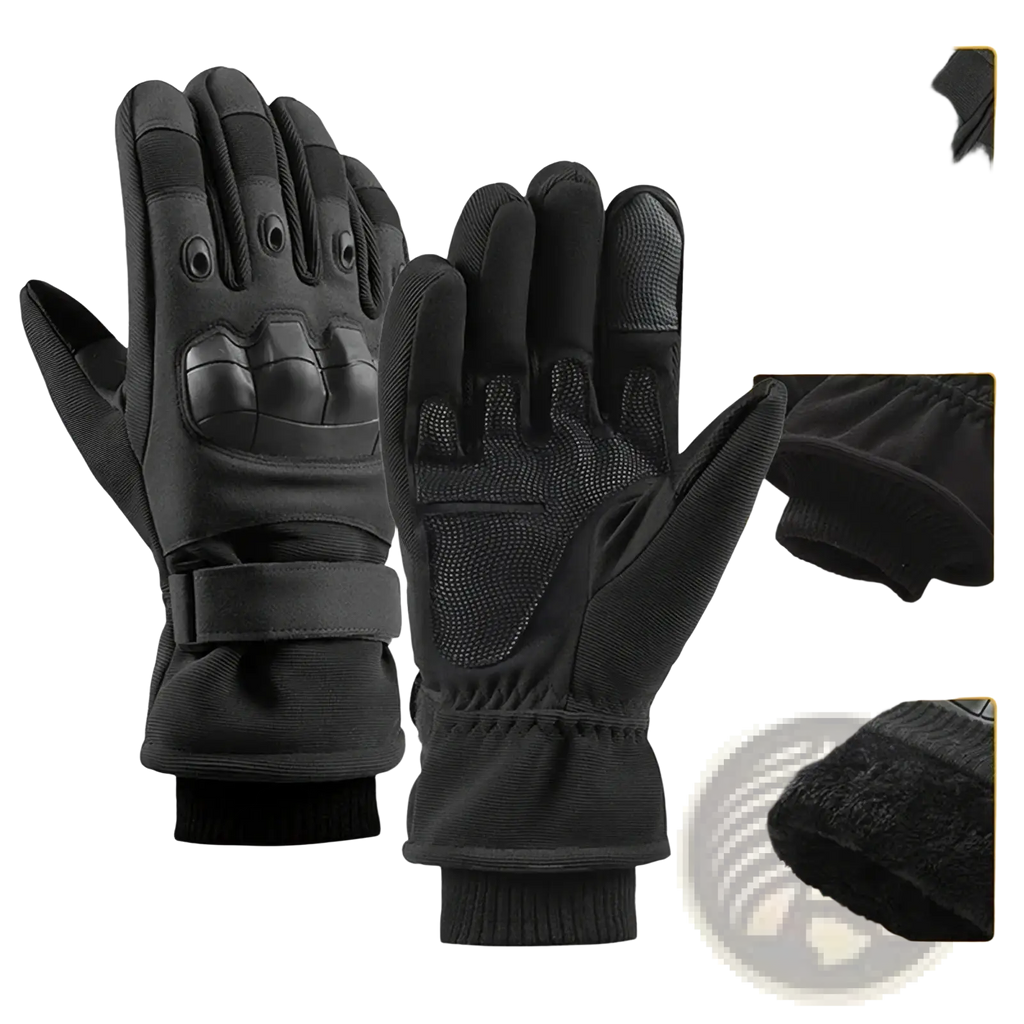 Black winter motorcycle gloves with reinforced palm and finger padding made of durable synthetic material