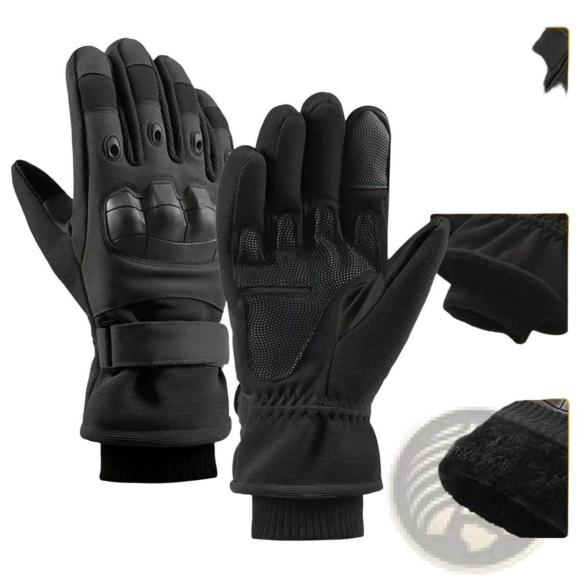 Black winter motorcycle gloves with reinforced palm and finger padding made of durable synthetic material