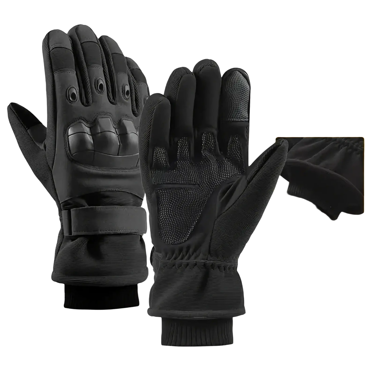 Black tactical winter motorcycle gloves with reinforced palm and finger padding made of durable synthetic fabric